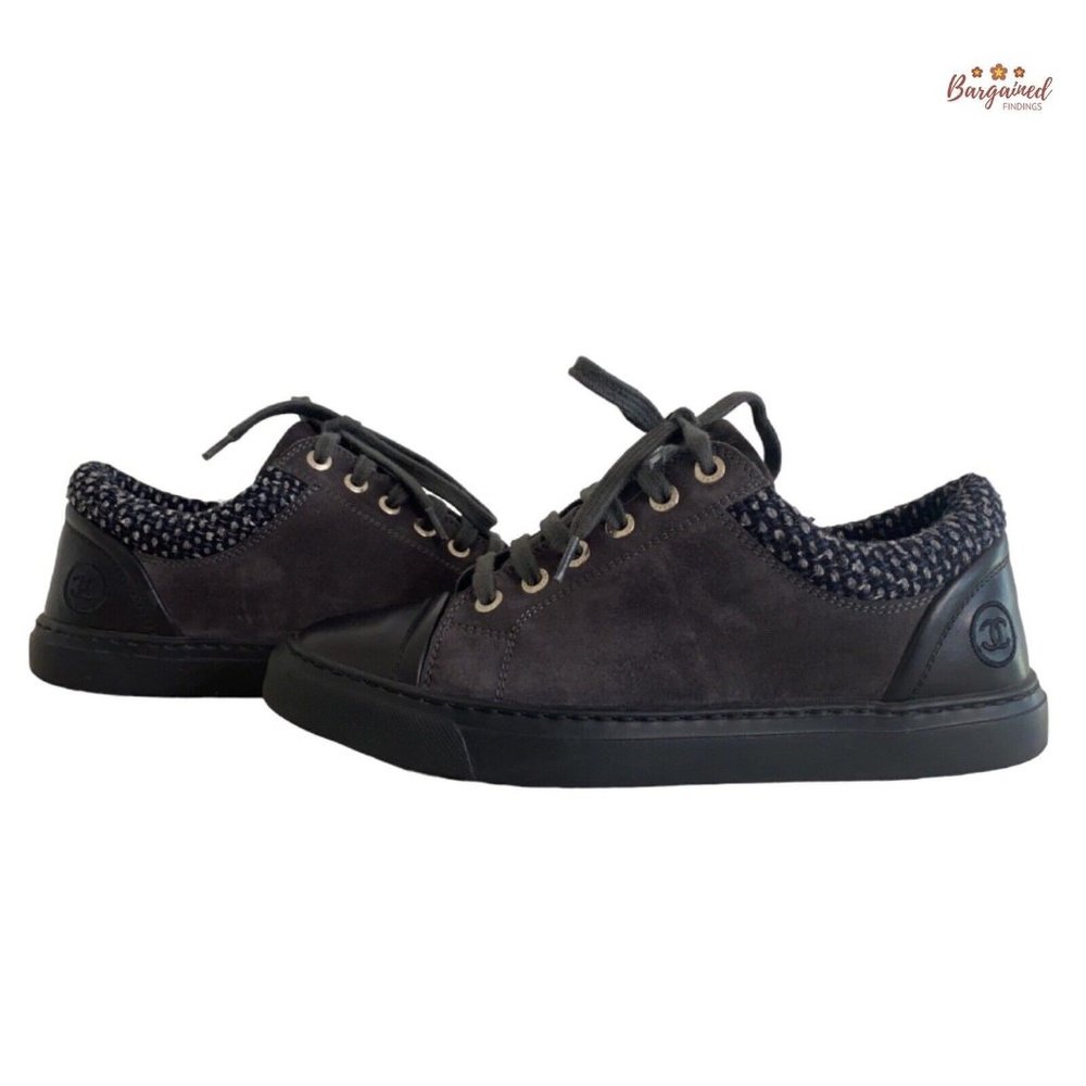Authentic CHANEL Gray Black Suede Leather Tweed Low Top Lace Up Sneakers 36/6